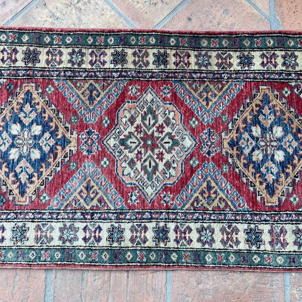 Vintage Pakistan Hand-Knotted Red Tribal Geometric Wool Runner Rug - 7'L x 2.5'